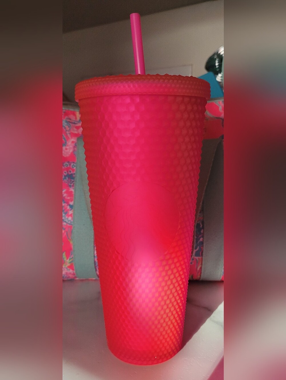 Starbucks Pink Textured Venti Tumbler Cup with Straw